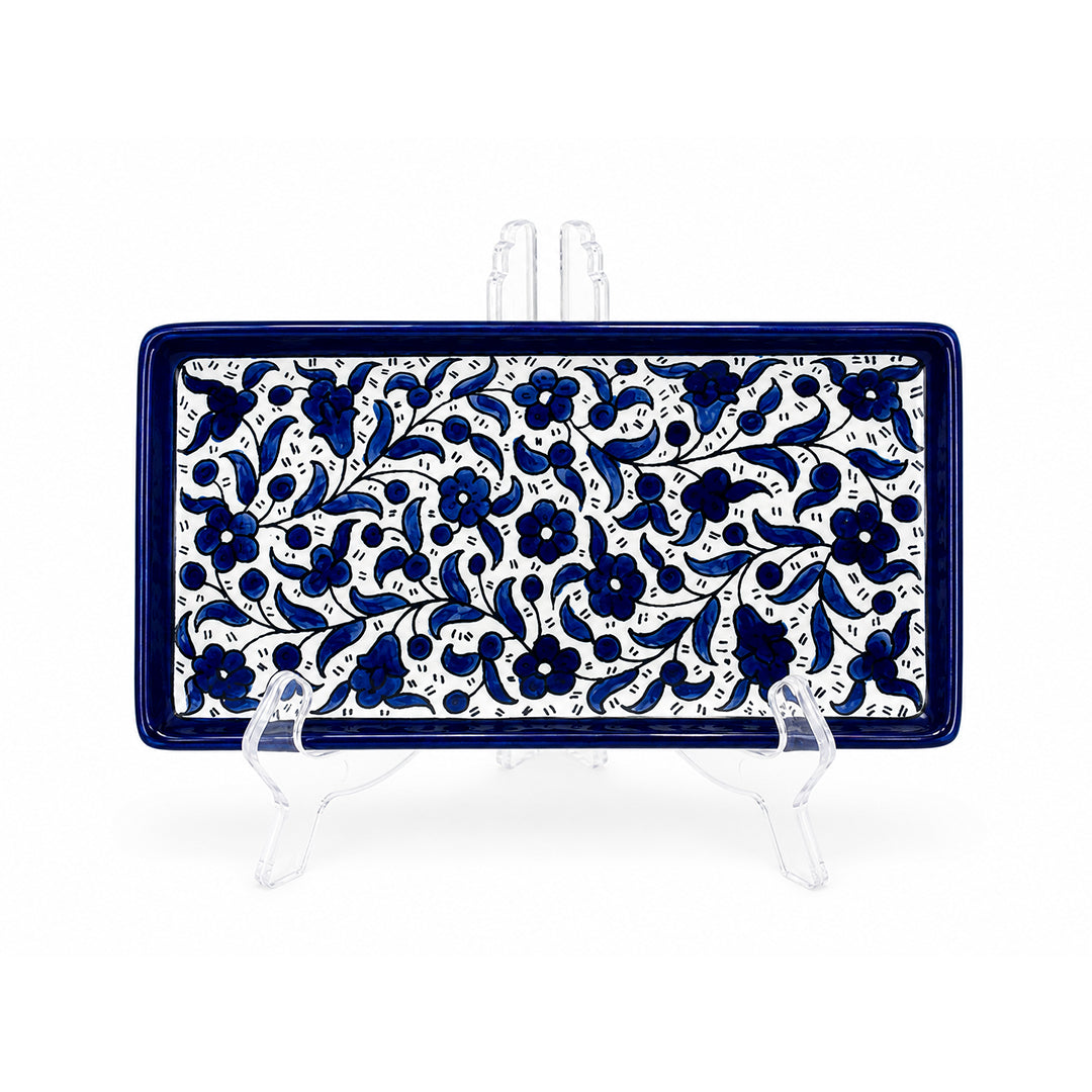 handcrafted square plate with elegant cobalt blue floral pattern.
