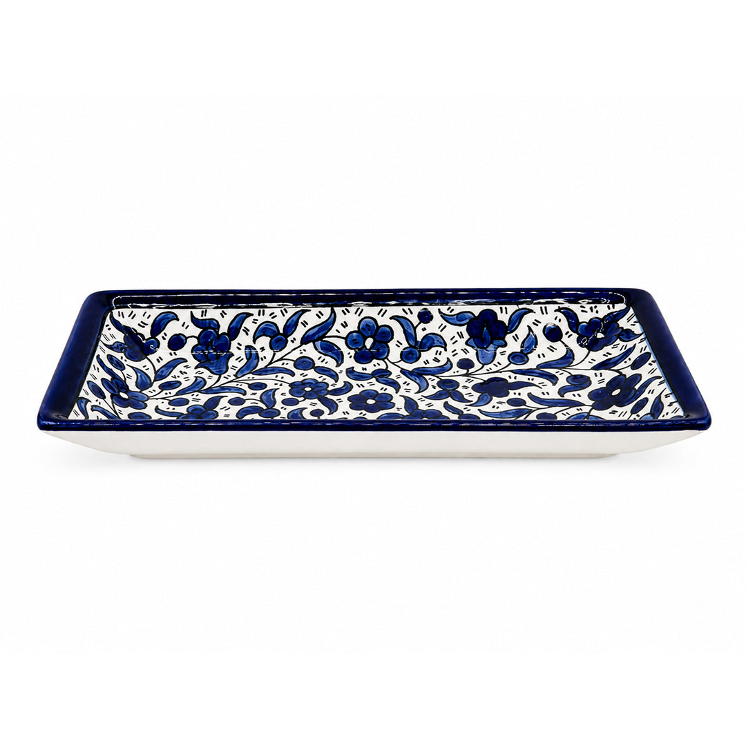 handcrafted square plate with elegant cobalt blue floral pattern.