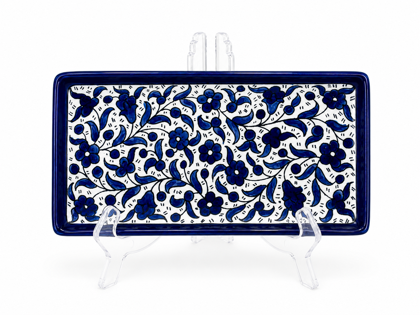 Premium glazed ceramic serving tray with an elegant blue floral design.
