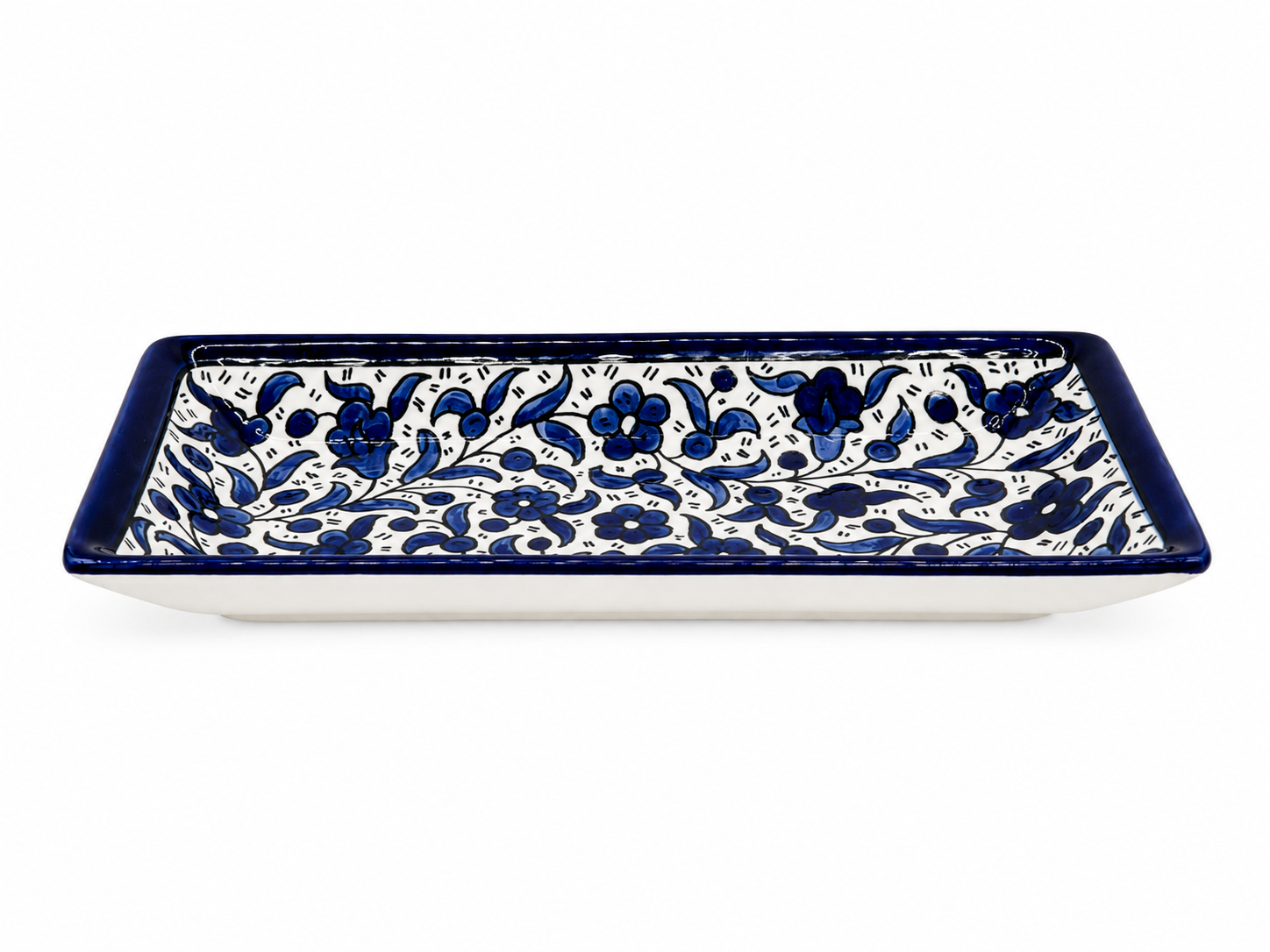 Premium glazed ceramic serving tray with an elegant blue floral design.