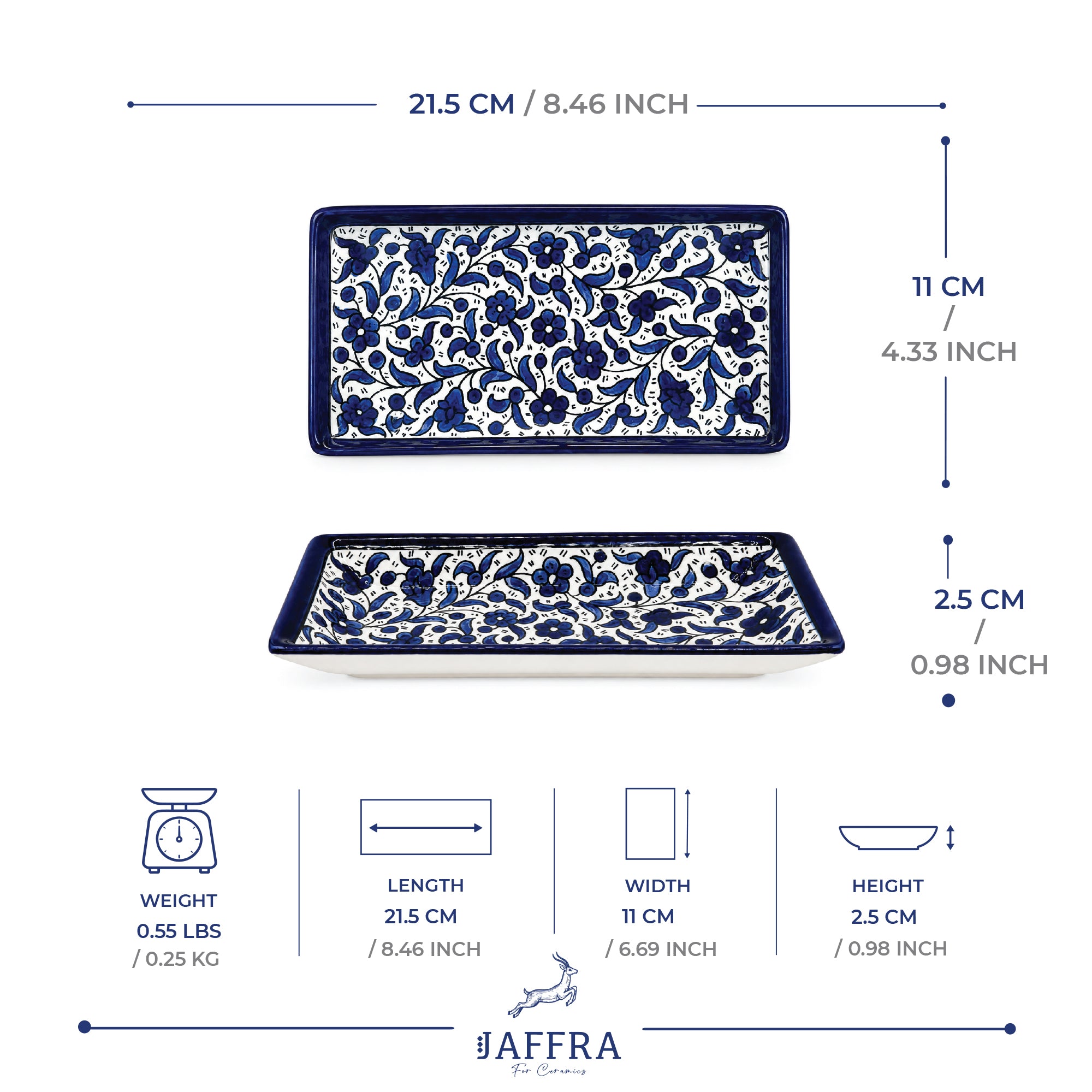 Premium glazed ceramic serving tray with an elegant blue floral design.