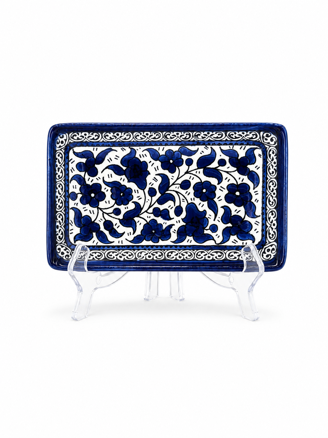 handcrafted rectangular plate features an elegant cobalt blue floral pattern