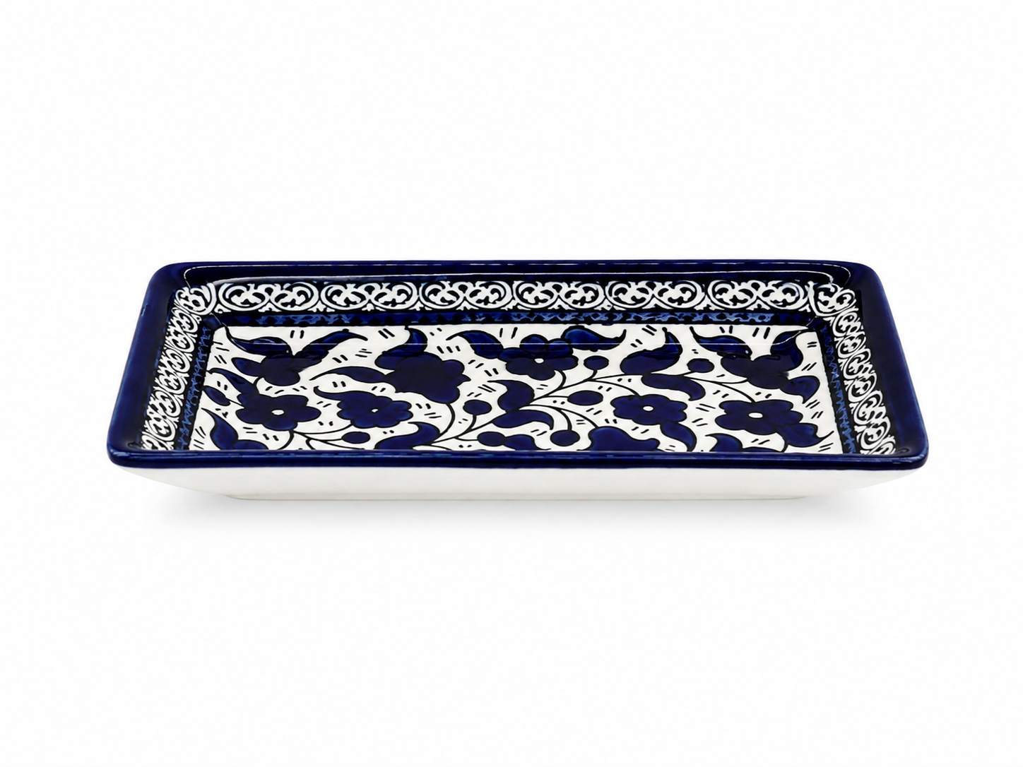 handcrafted rectangular plate features an elegant cobalt blue floral pattern