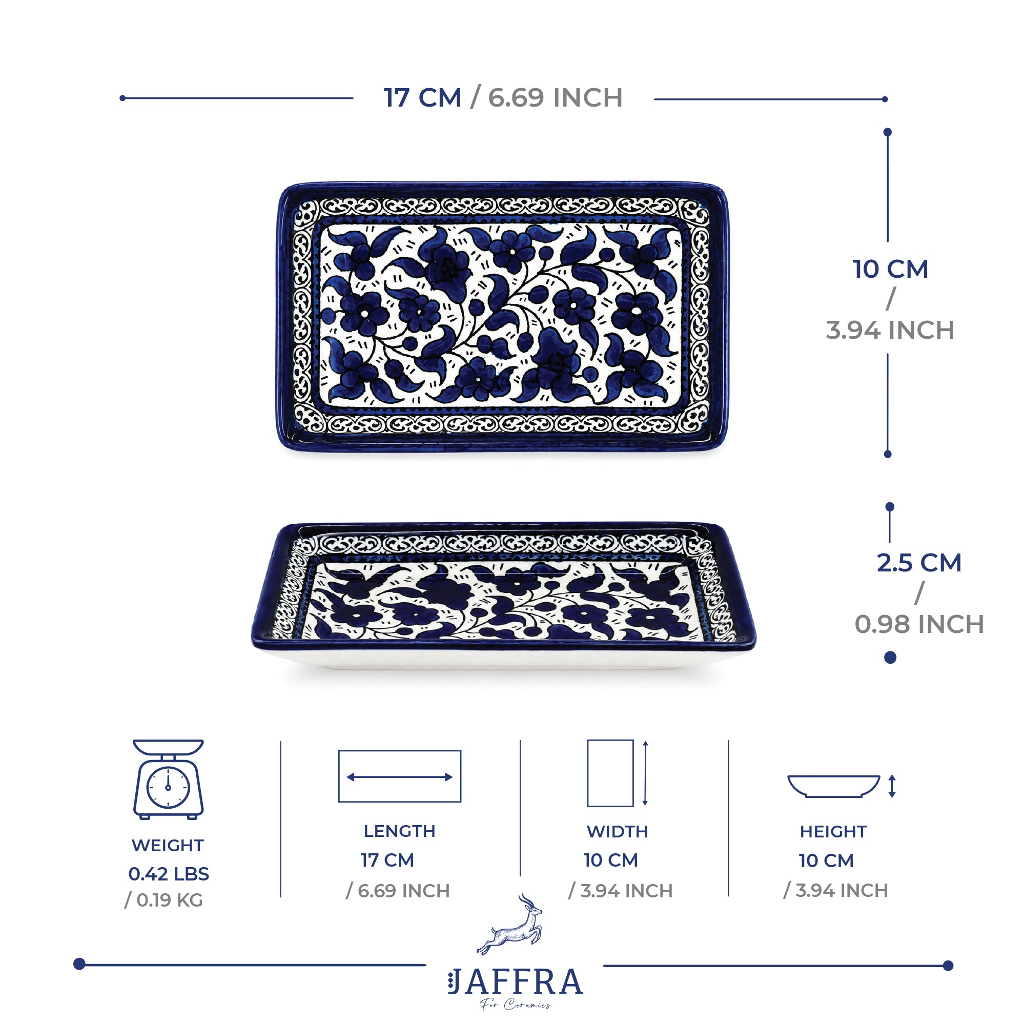 handcrafted rectangular plate features an elegant cobalt blue floral pattern