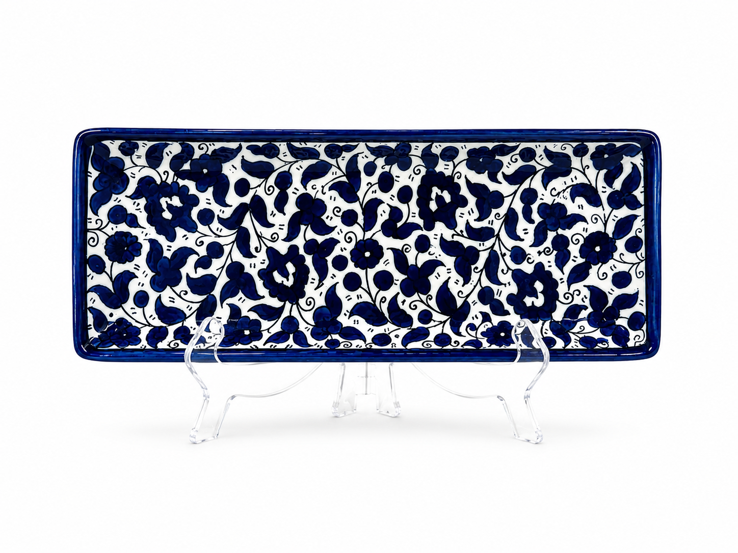 handcrafted rectangular serving platter showcases an elegant deep cobalt blue floral pattern.