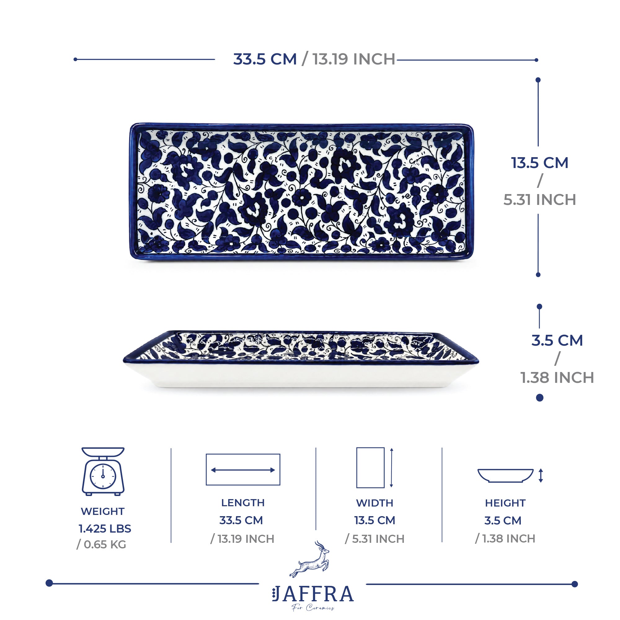 handcrafted rectangular serving platter showcases an elegant deep cobalt blue floral pattern.