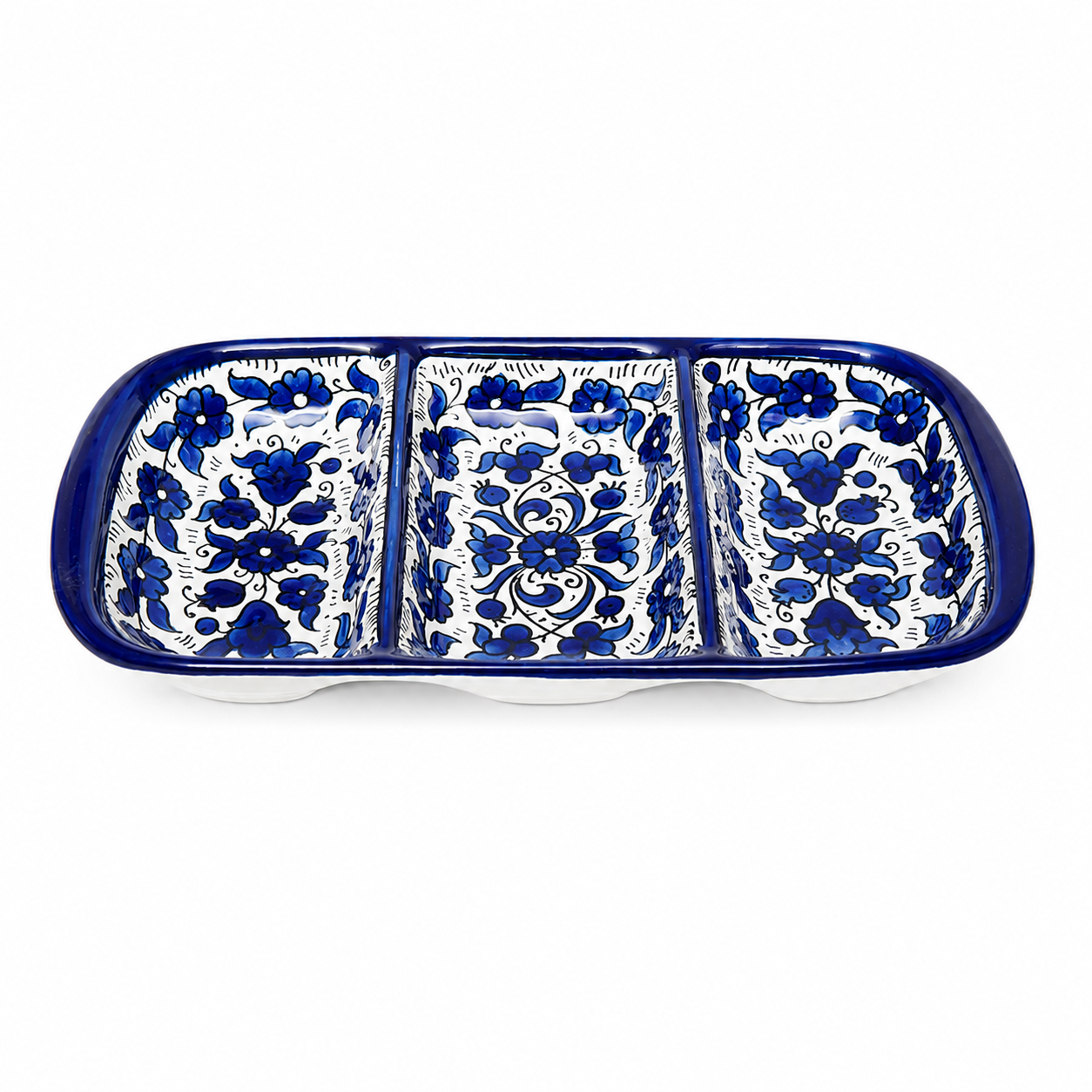 handcrafted 3-compartment serving dish features an elegant cobalt blue floral pattern.