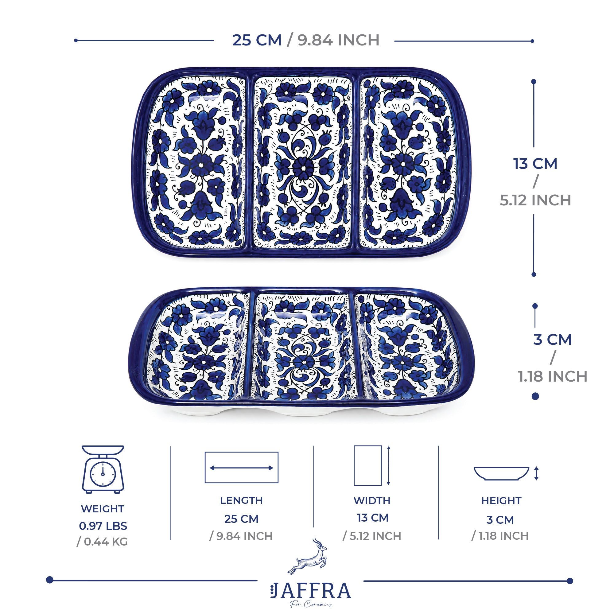 handcrafted 3-compartment serving dish features an elegant cobalt blue floral pattern.