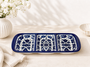 handcrafted 3-compartment serving dish features an elegant cobalt blue floral pattern.