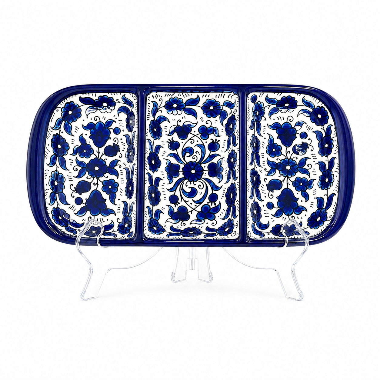 handcrafted 3-compartment serving dish features an elegant cobalt blue floral pattern.