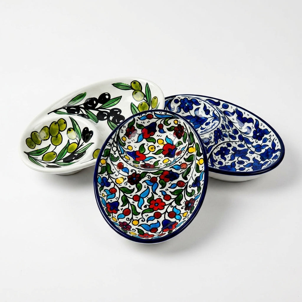 Hand-painted ceramic shown in three patterns