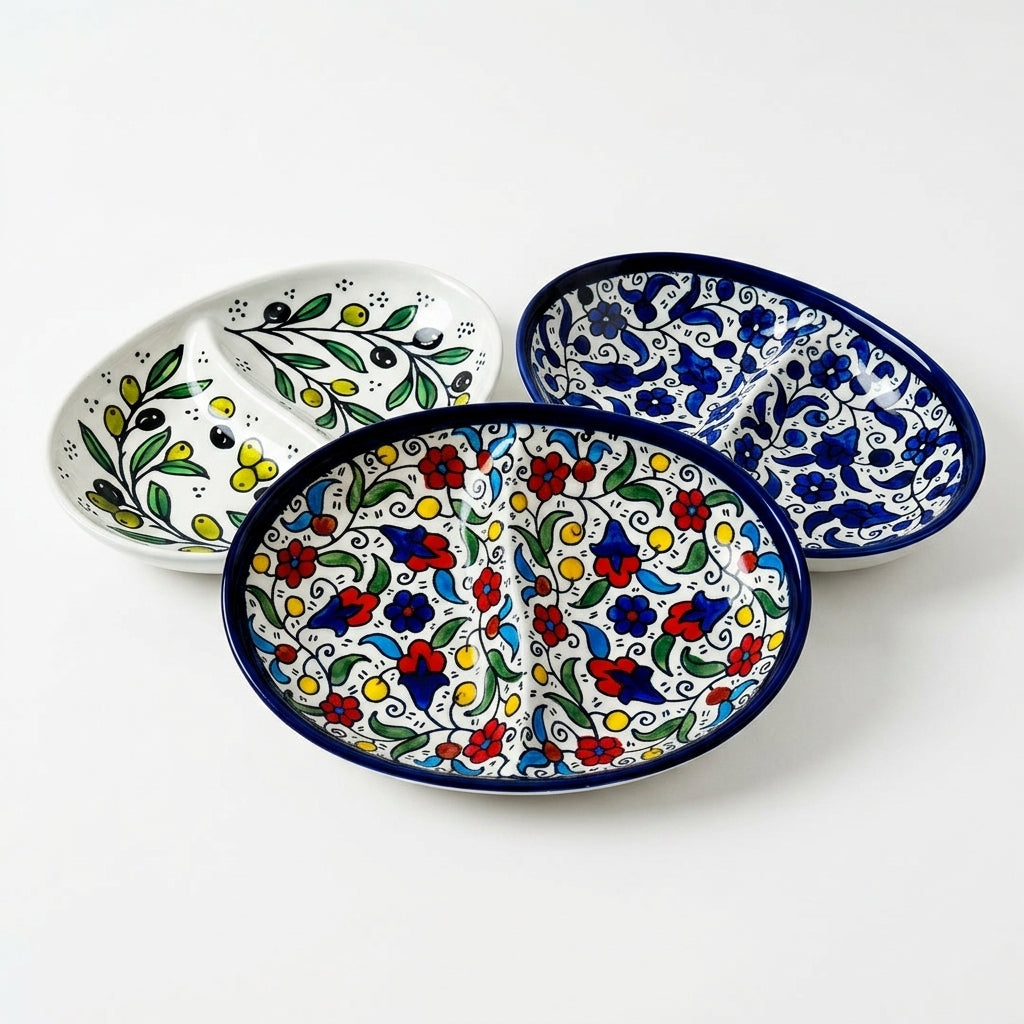 Hand-painted ceramic shown in three patterns
