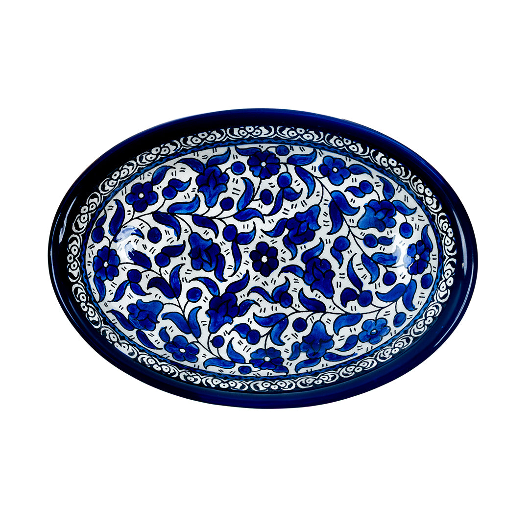 Hand Painted Ceramic Oval Serving Dish 9 Inch - Blue Floral