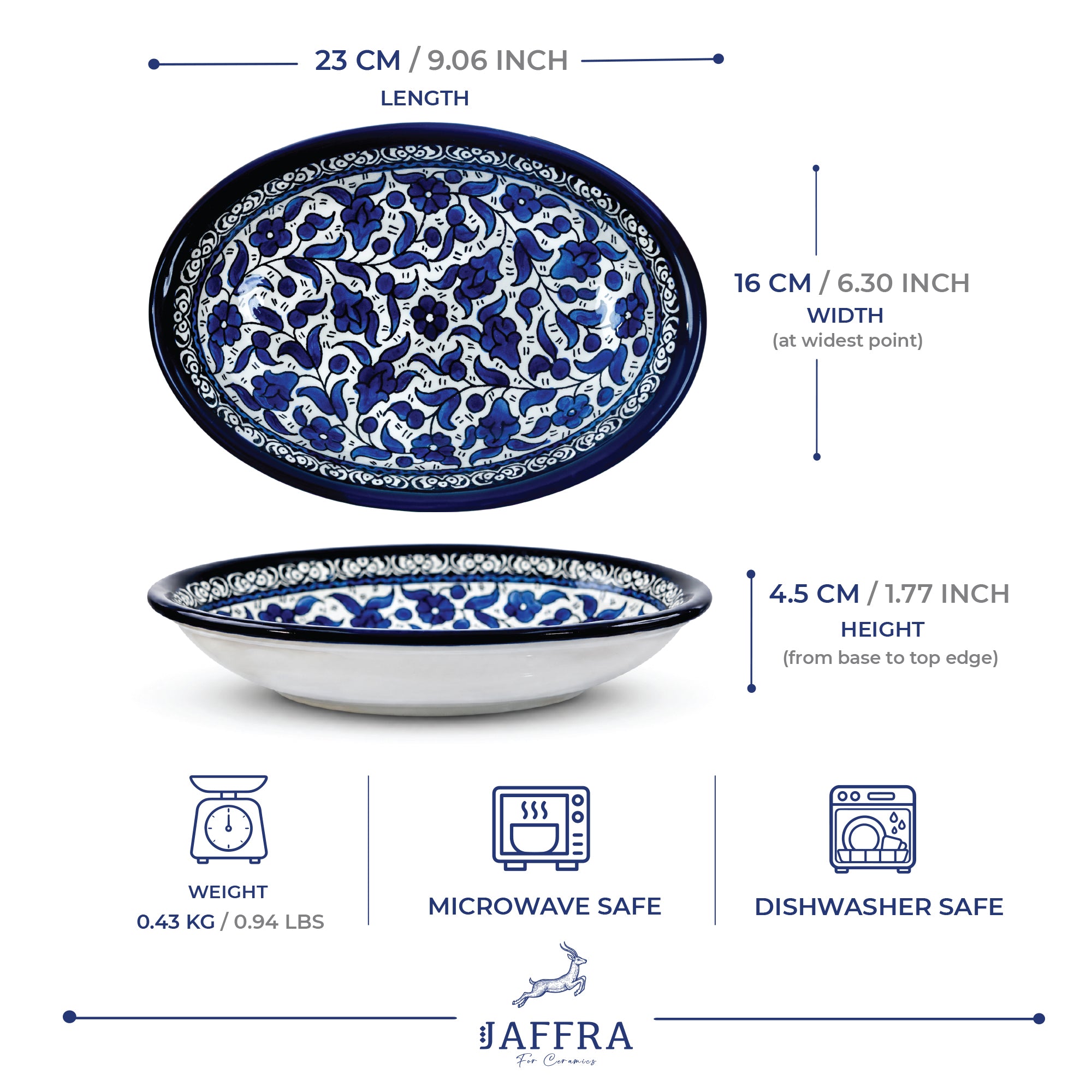 Hand Painted Ceramic Oval Serving Dish 9 Inch - Blue Floral