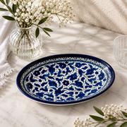 Hand Painted Ceramic Oval Serving Dish 9 Inch - Blue Floral