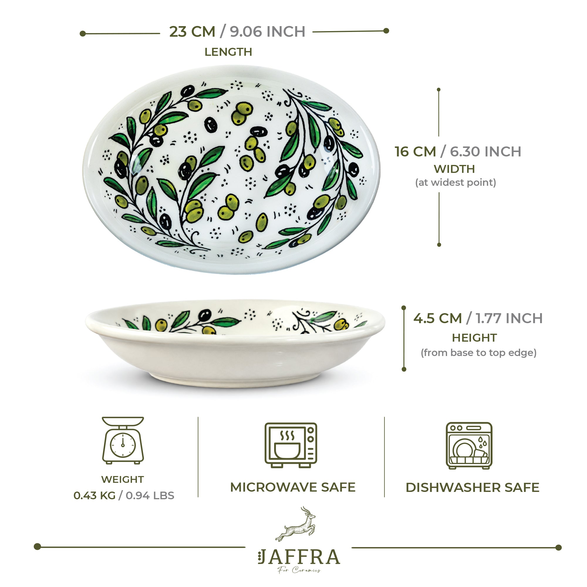 Hand Painted Ceramic Oval Serving Dish 9 Inch - Olive Branch