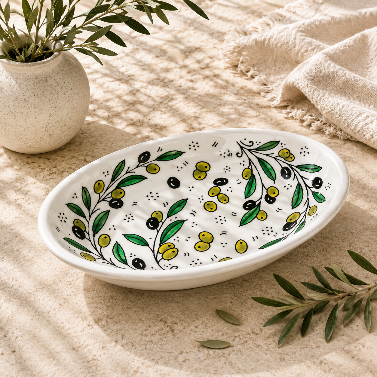 Hand Painted Ceramic Oval Serving Dish 9 Inch - Olive Branch