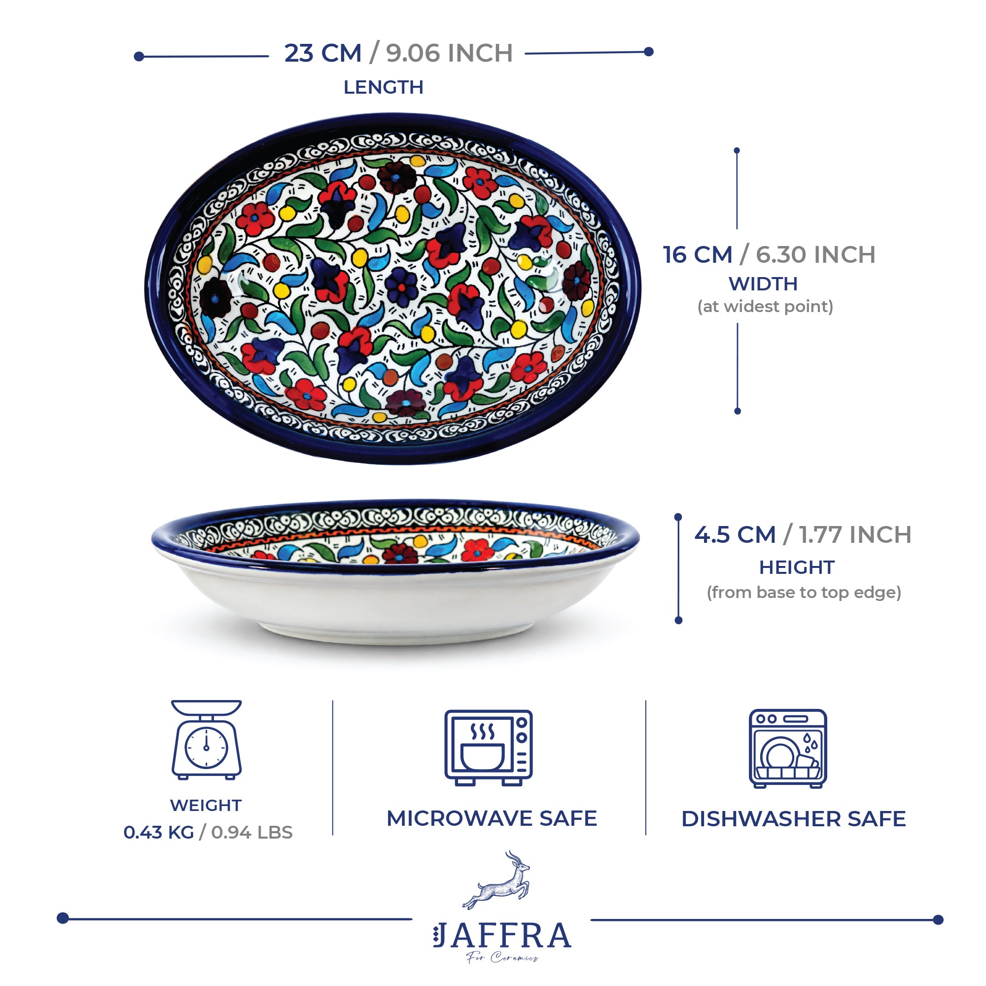 Hand Painted Ceramic Oval Serving Dish 9 Inch - Multicolor Floral