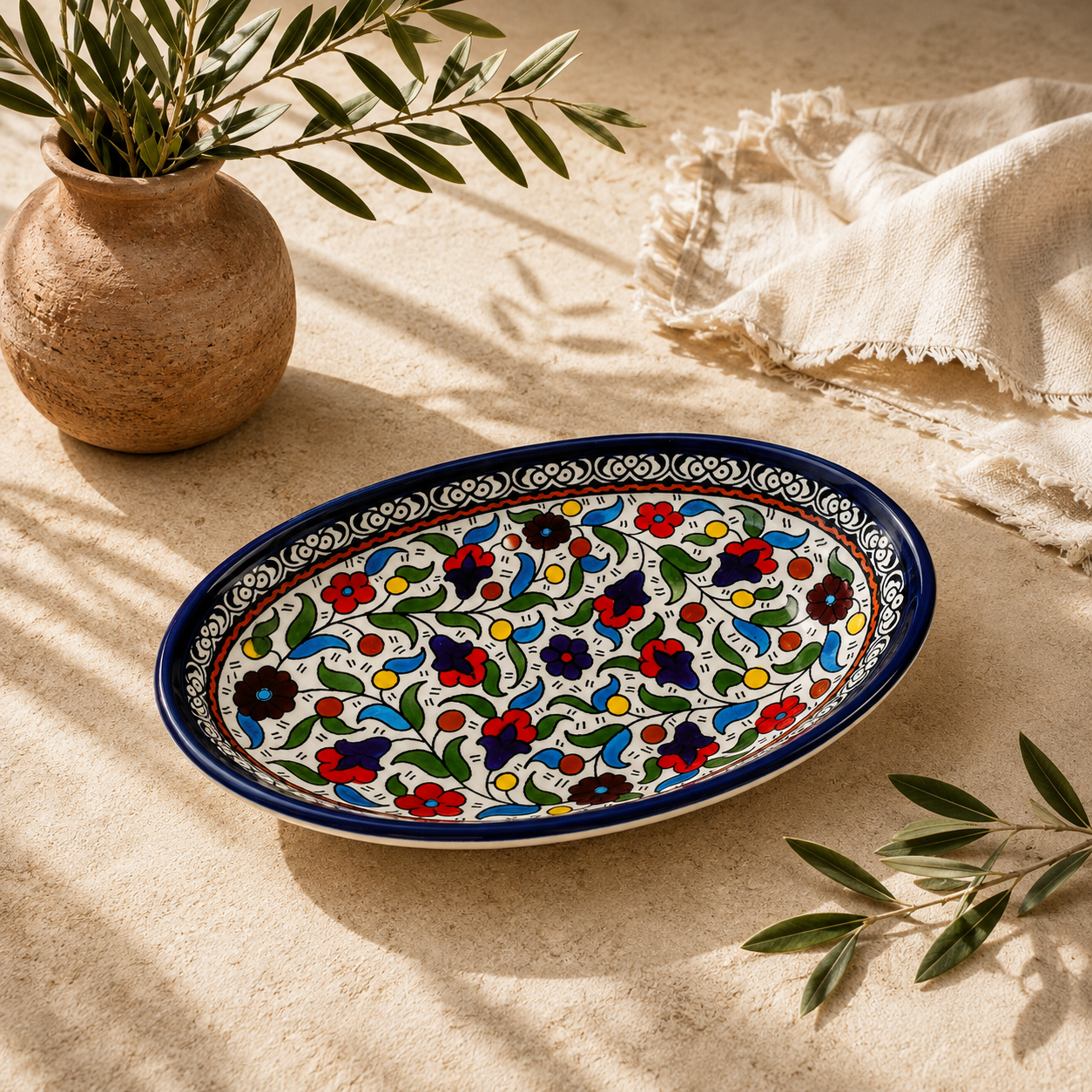 Hand Painted Ceramic Oval Serving Dish 9 Inch - Multicolor Floral