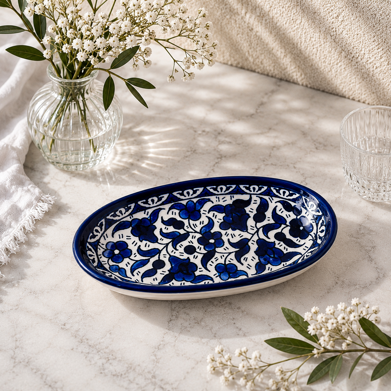 Blue Mosaic Ceramic Oval Serving Dish 6.7 Inch - Blue floral