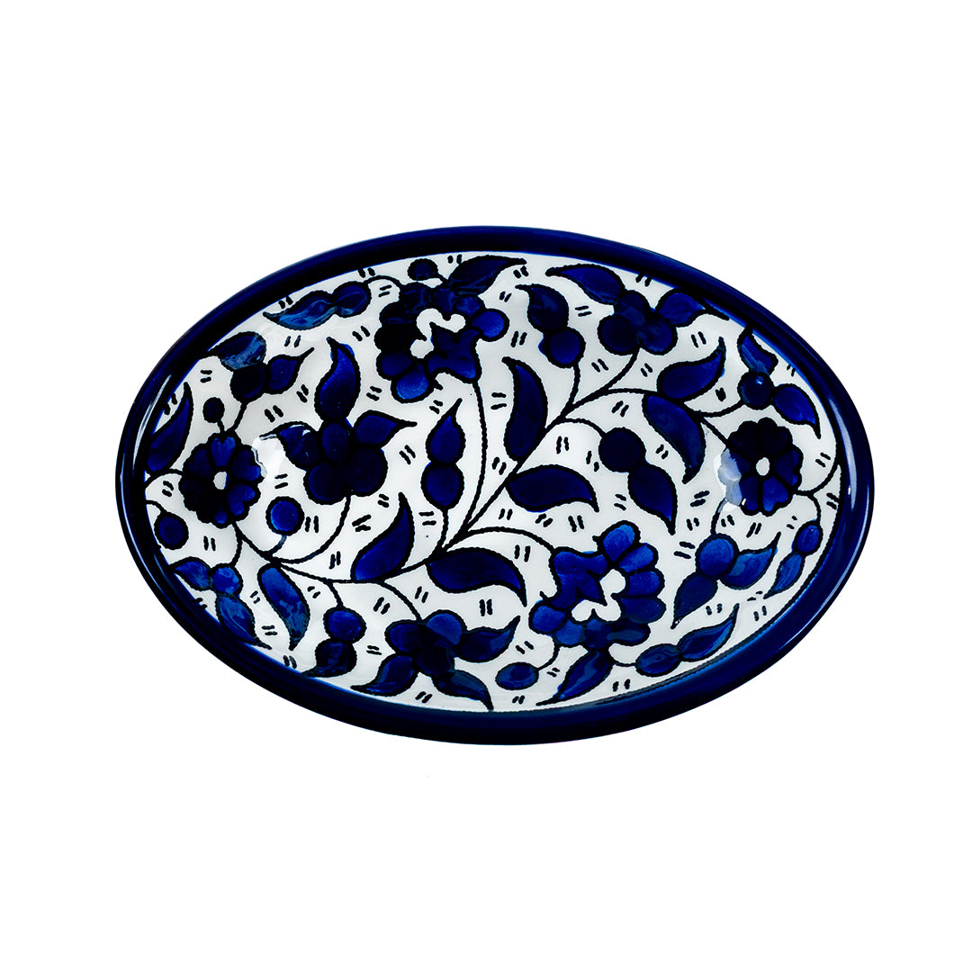 Mediterranean Blue Ceramic Oval Serving Dish 6.7 Inch - Blue floral