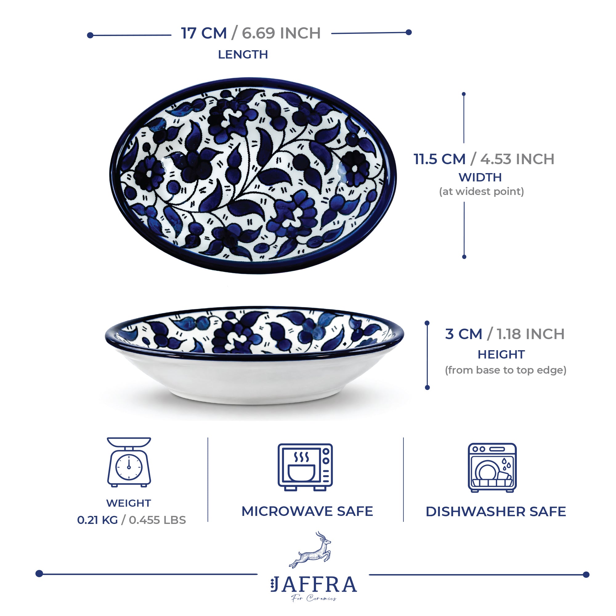 Mediterranean Blue Ceramic Oval Serving Dish 6.7 Inch - Blue floral