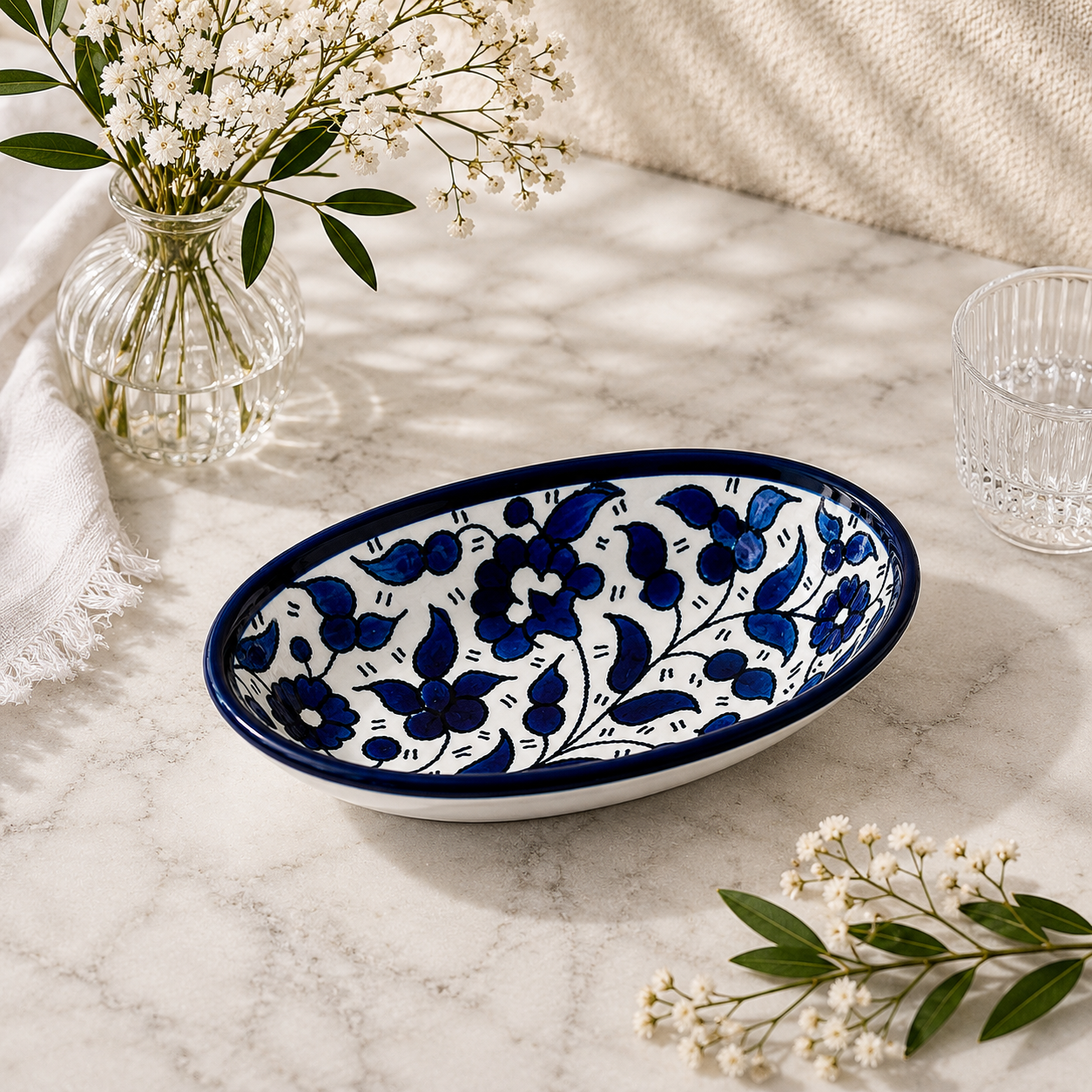 Mediterranean Blue Ceramic Oval Serving Dish 6.7 Inch - Blue floral