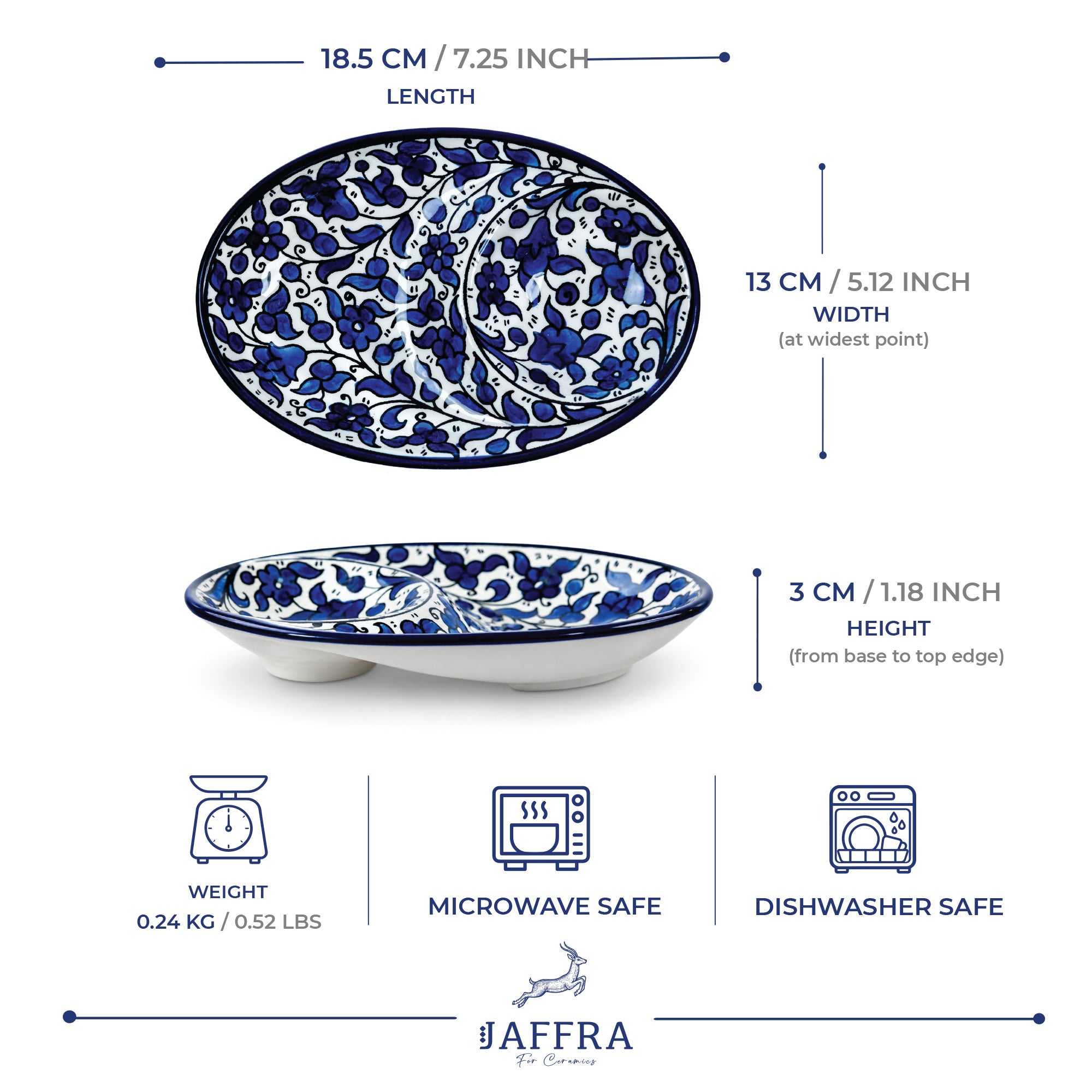 Indigo Duo Ceramic Oval Serving Dish 7.25 Inch - Blue Floral
