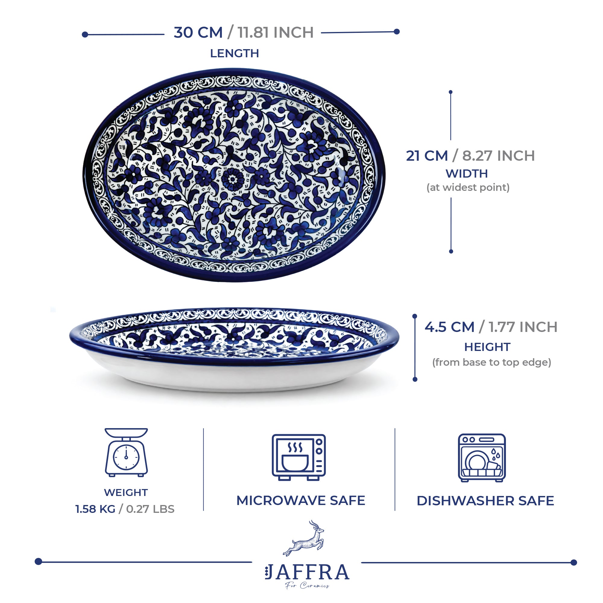 Indigo Garden Ceramic Oval Serving Dish 11.8 Inch - Blue  Floral