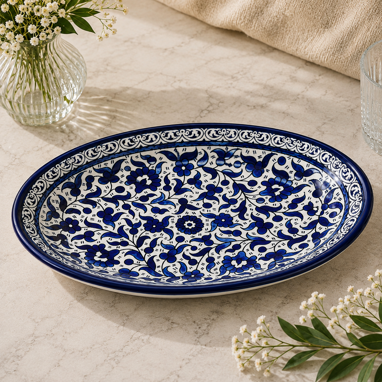 Indigo Garden Ceramic Oval Serving Dish 11.8 Inch - Blue  Floral