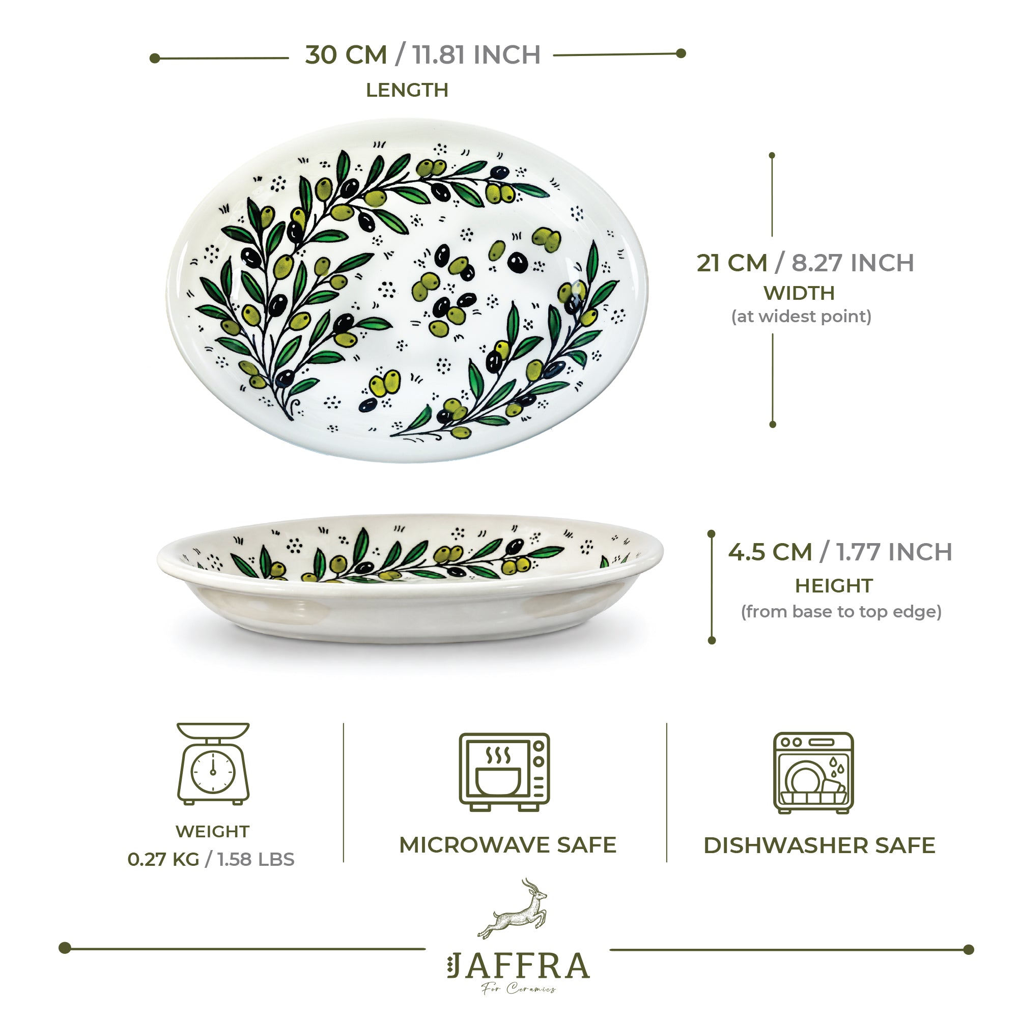 Olive Branch Ceramic Oval Serving Dish 11.8 Inch - Olive Floral