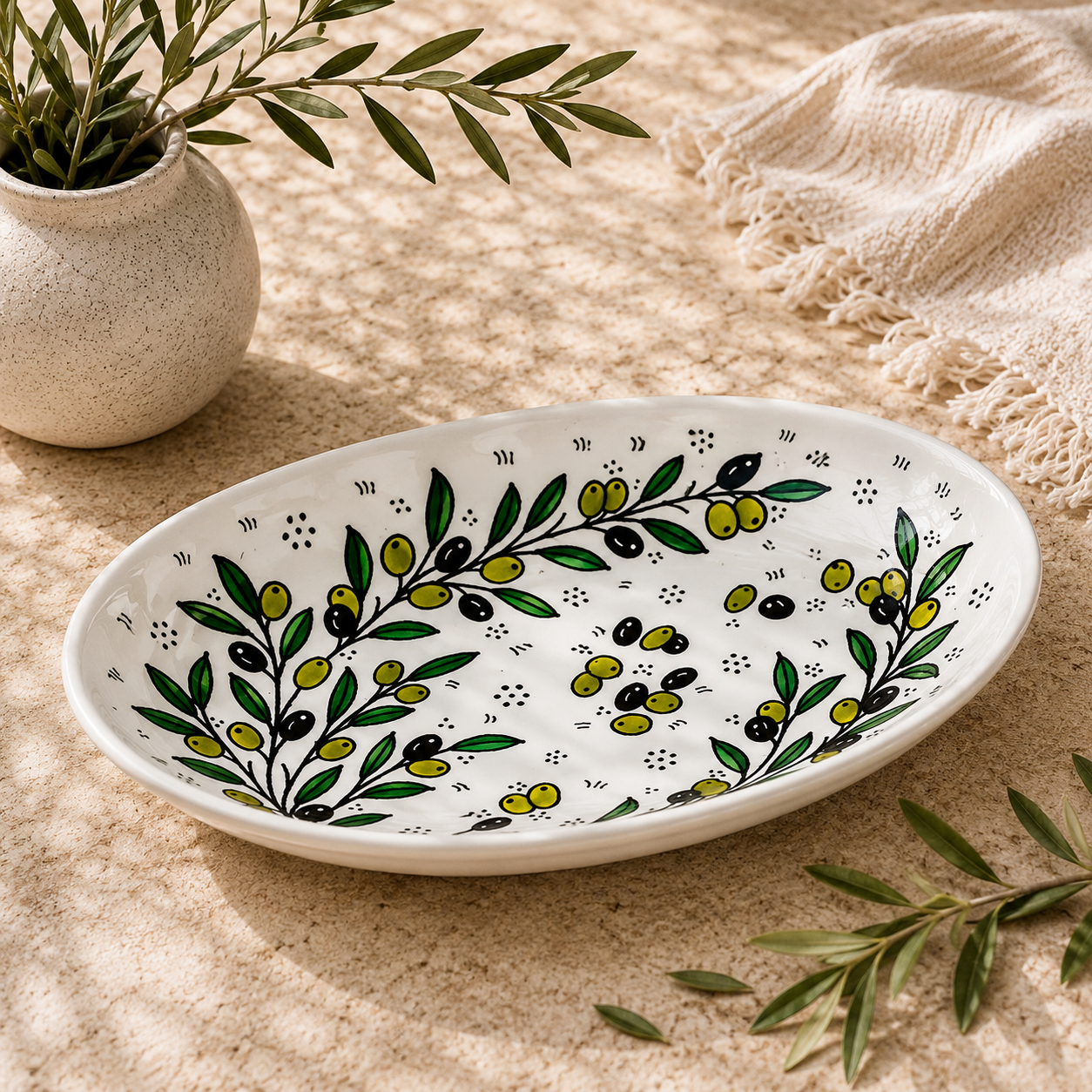 Olive Branch Ceramic Oval Serving Dish 11.8 Inch - Olive Floral