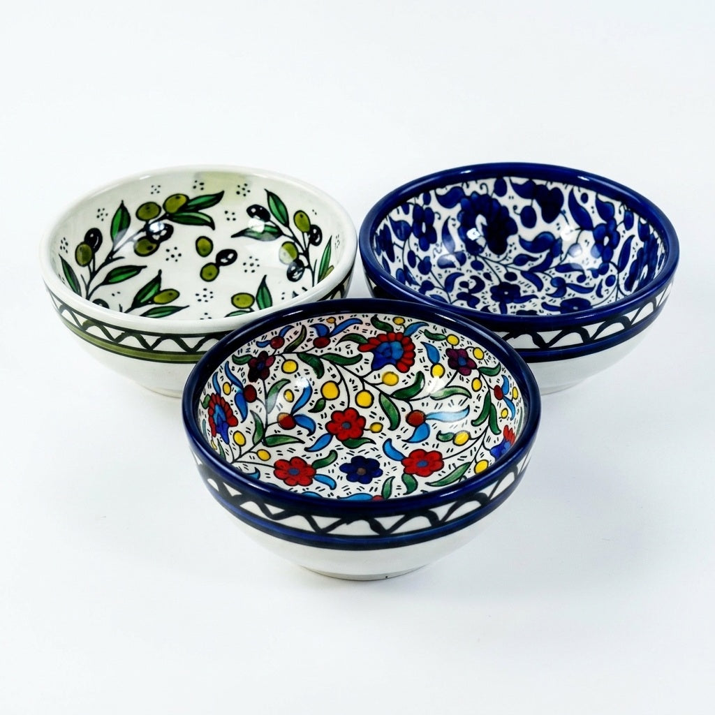 Hand-painted ceramic shown in three patterns