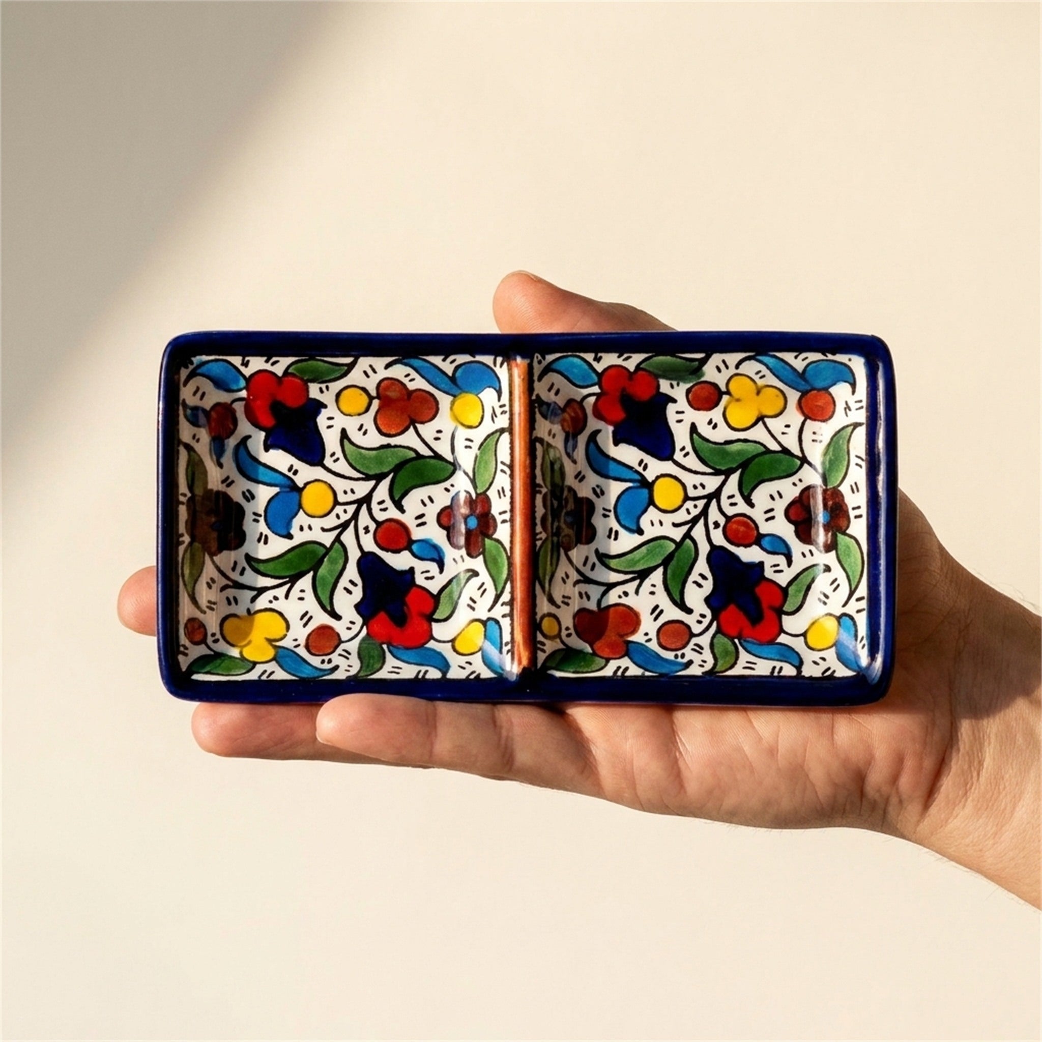 2-Section Rectangular Serving Tray 6.3 Inch in Floral, held in hands to show scale
