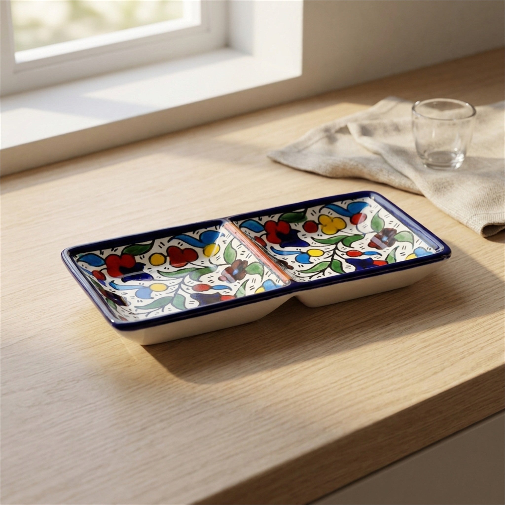 2-Section Rectangular Serving Tray 6.3 Inch in Floral, styled on a set table