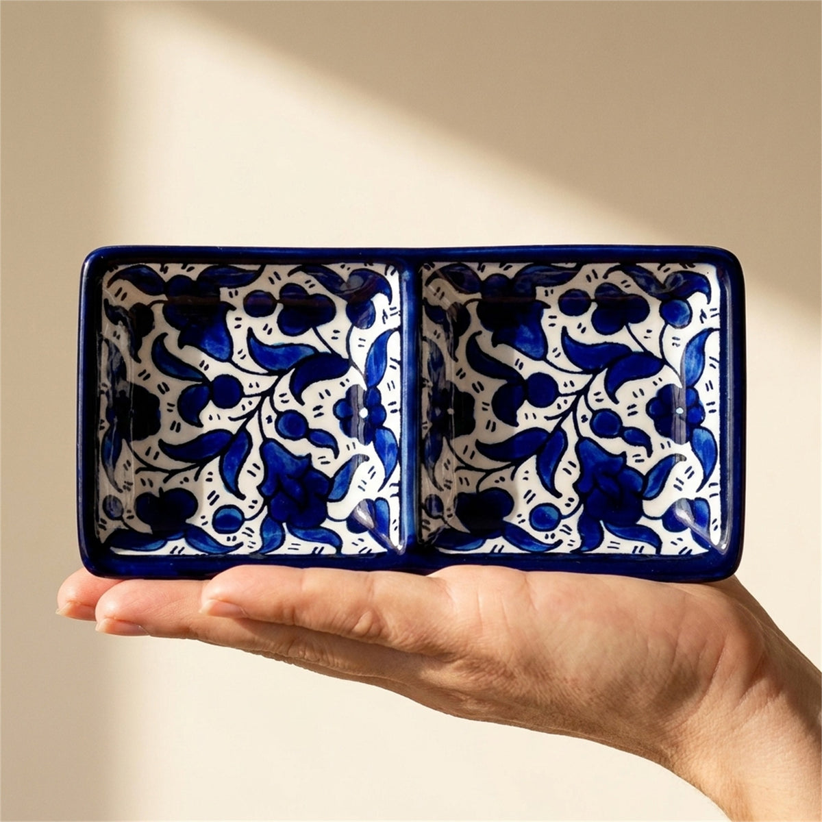 2-Section Rectangular Serving Tray 6.3 Inch in Indigo, held in hands to show scale