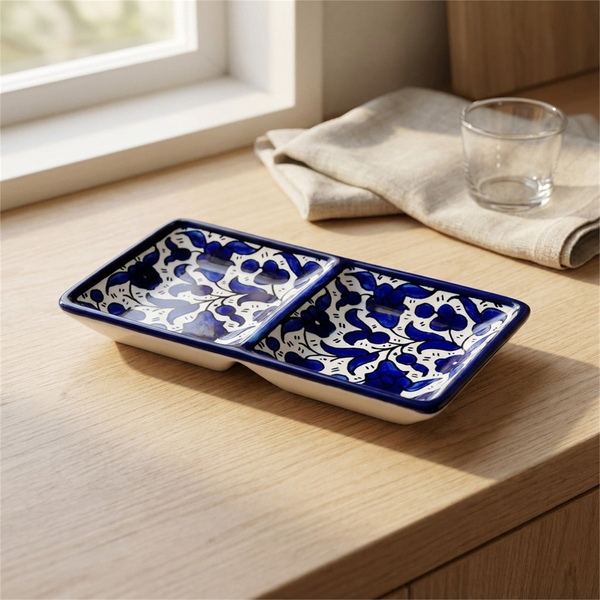 2-Section Rectangular Serving Tray 6.3 Inch in Indigo, styled on a set table