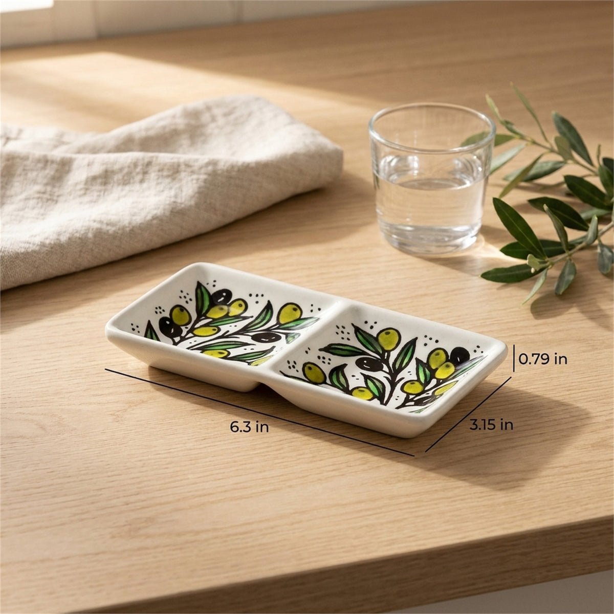 2-Section Rectangular Serving Tray 6.3 Inch in Olive Green, styled on a set table