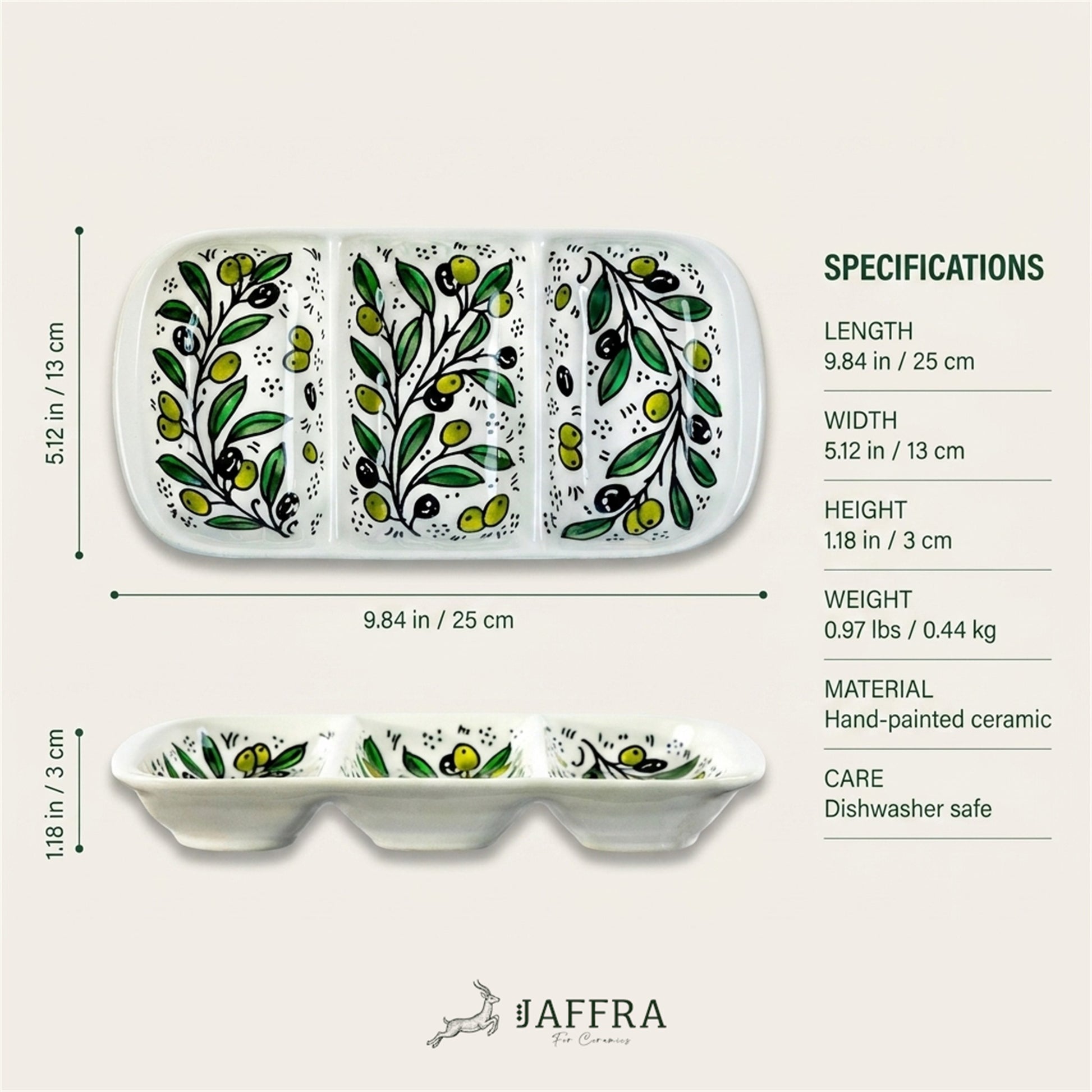 3-Section Rectangular Serving Tray 9.84 Inch dimensions and specifications