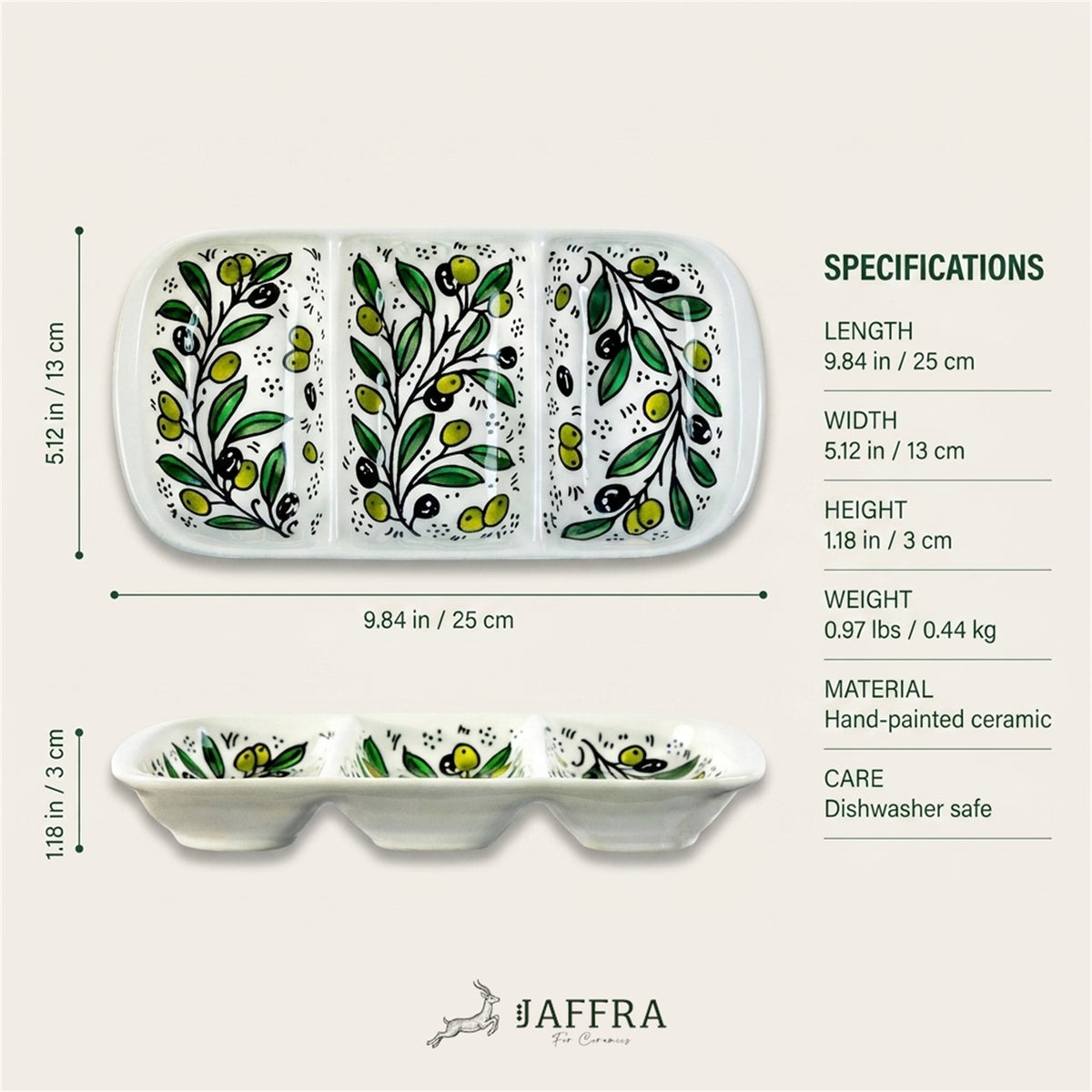 3-Section Rectangular Serving Tray 9.84 Inch dimensions and specifications