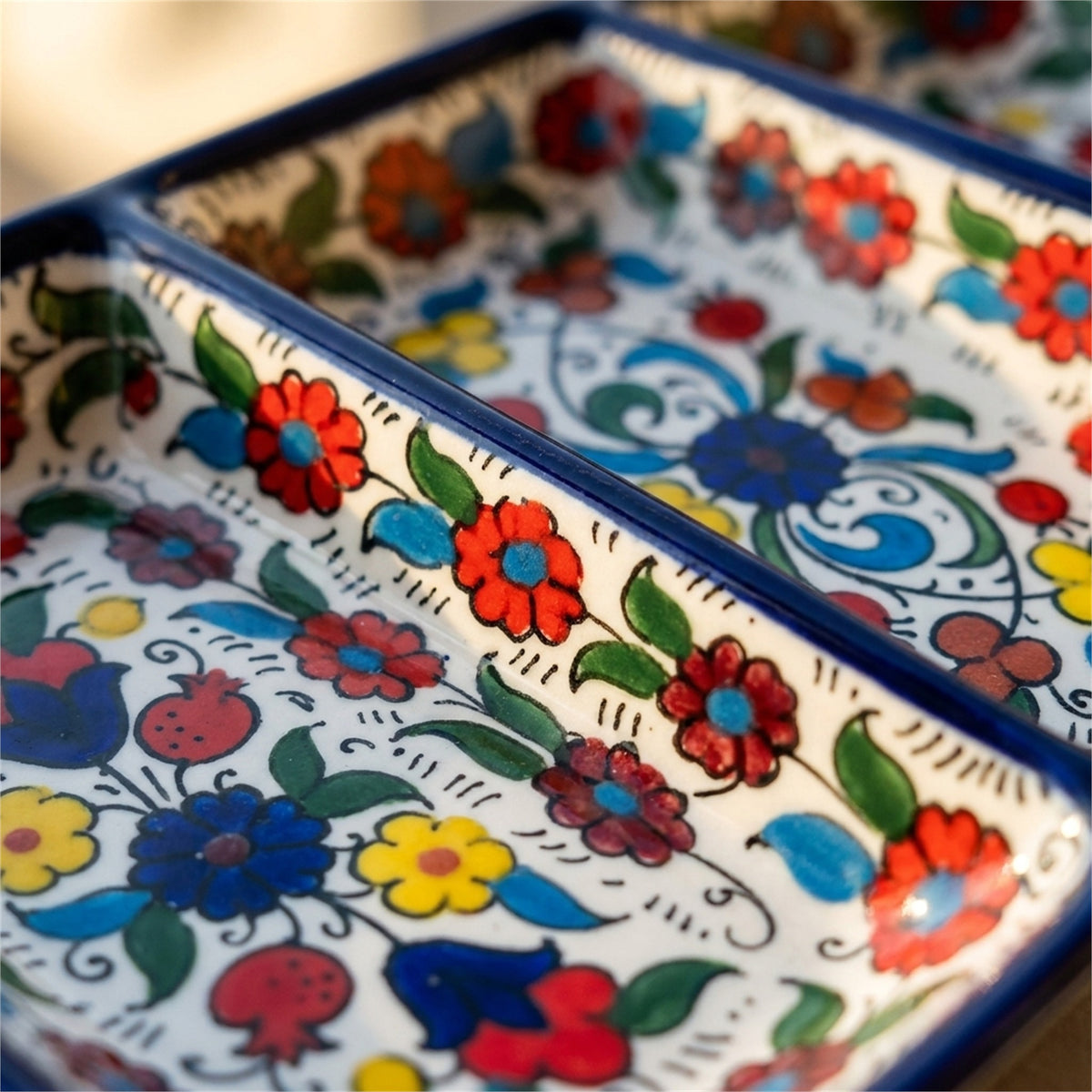 3-Section Rectangular Serving Tray 9.84 Inch in Floral, close-up of the hand-painted detail