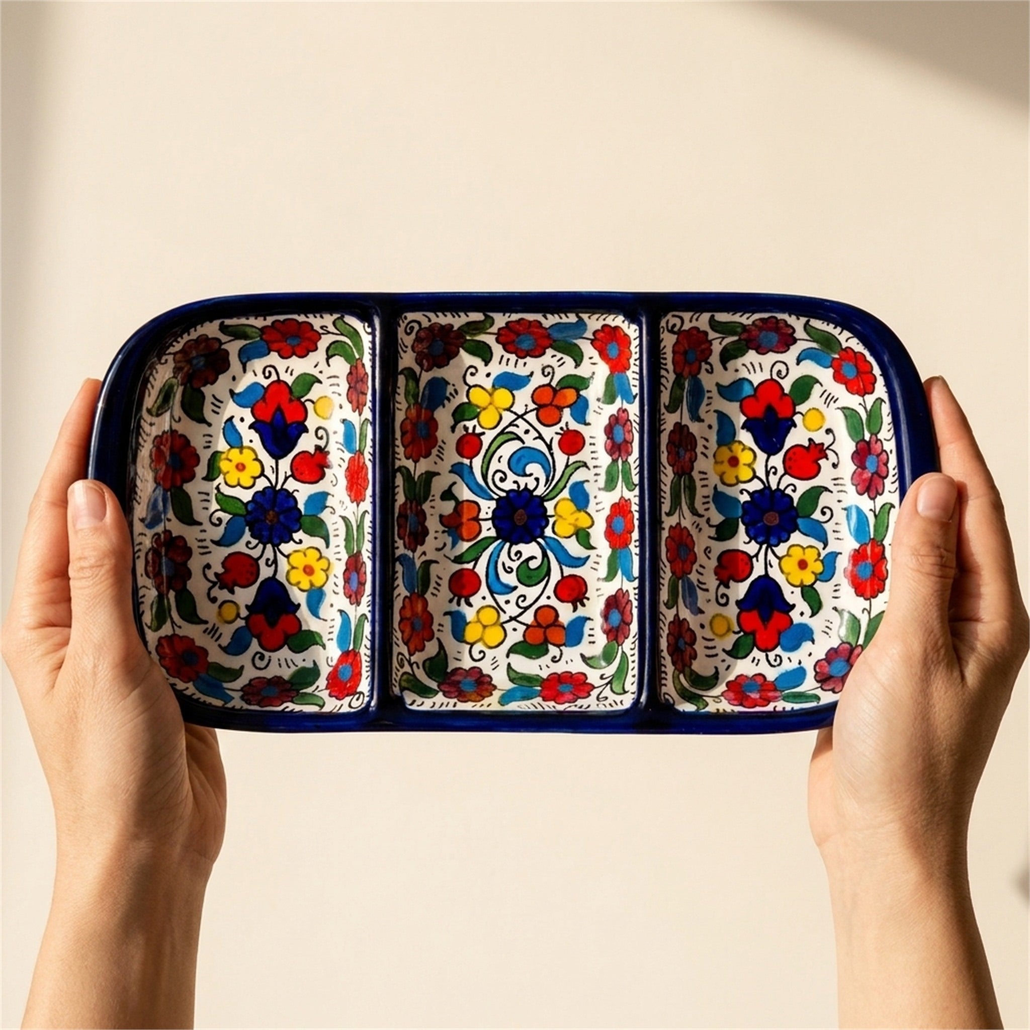 3-Section Rectangular Serving Tray 9.84 Inch in Floral, held in hands to show scale