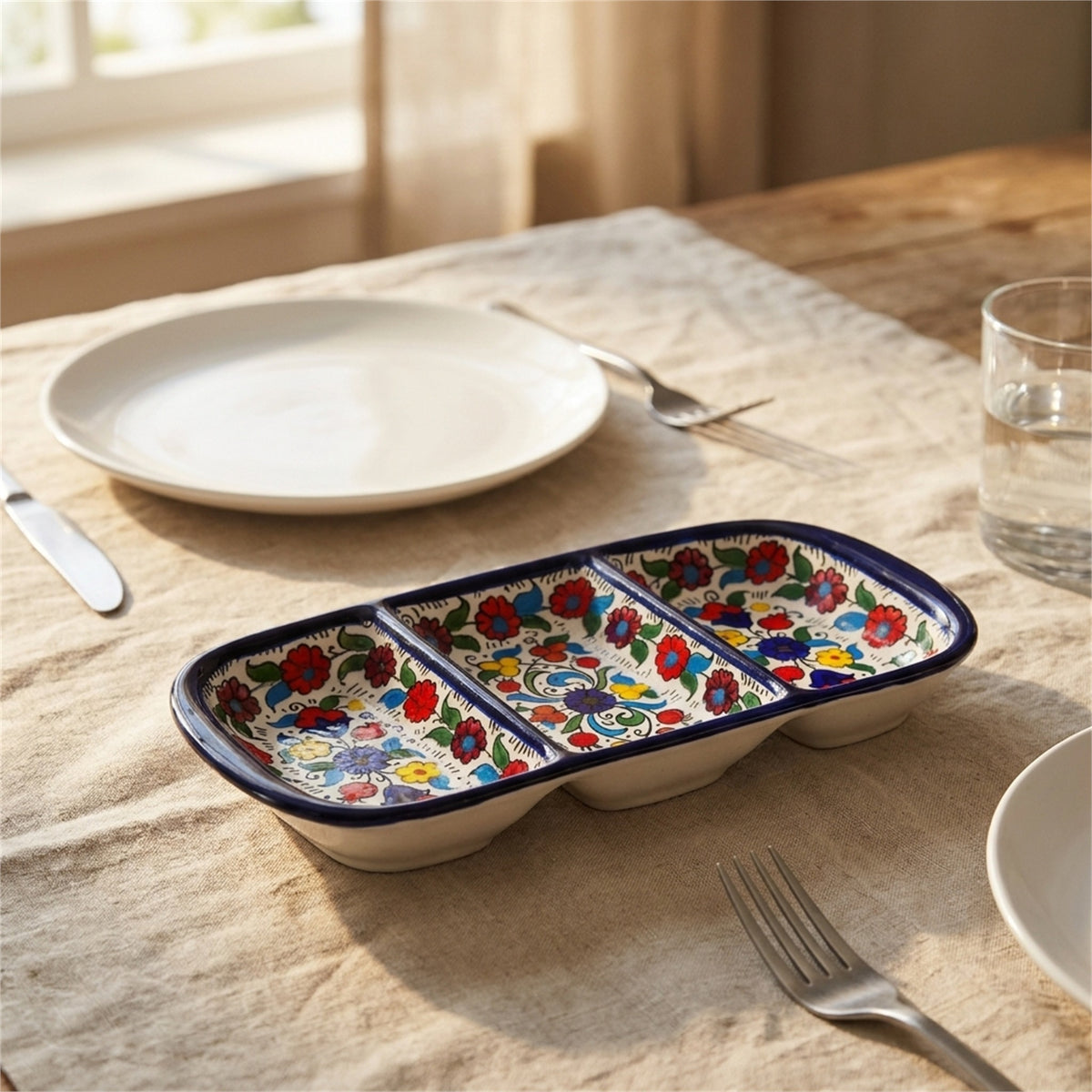 3-Section Rectangular Serving Tray 9.84 Inch in Floral, styled on a set table