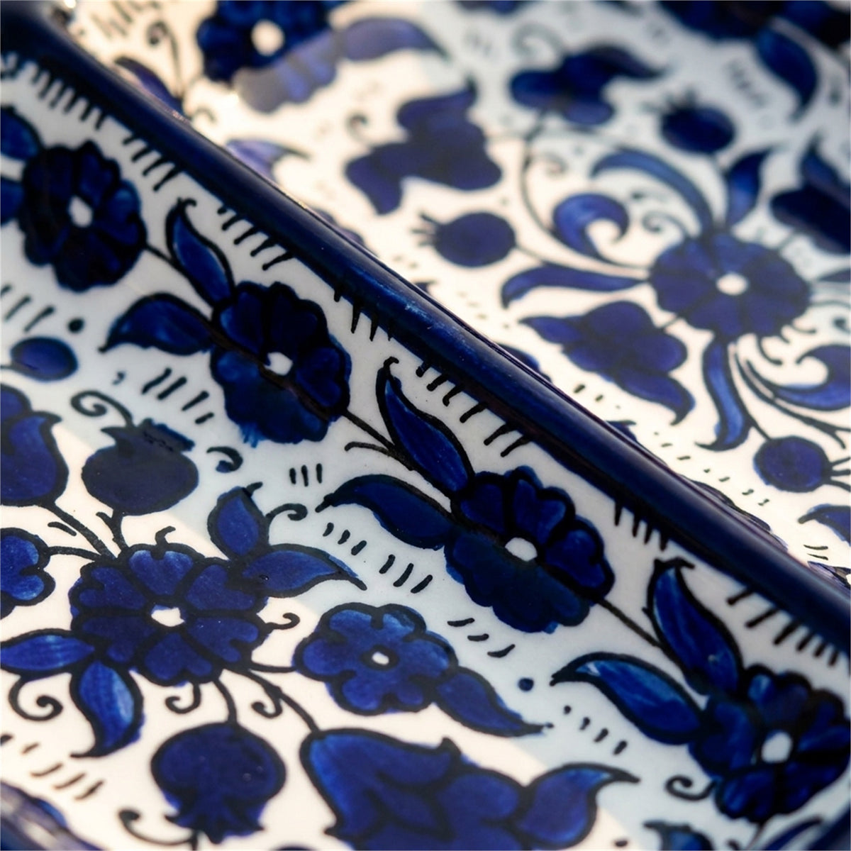 3-Section Rectangular Serving Tray 9.84 Inch in Indigo, close-up of the hand-painted detail