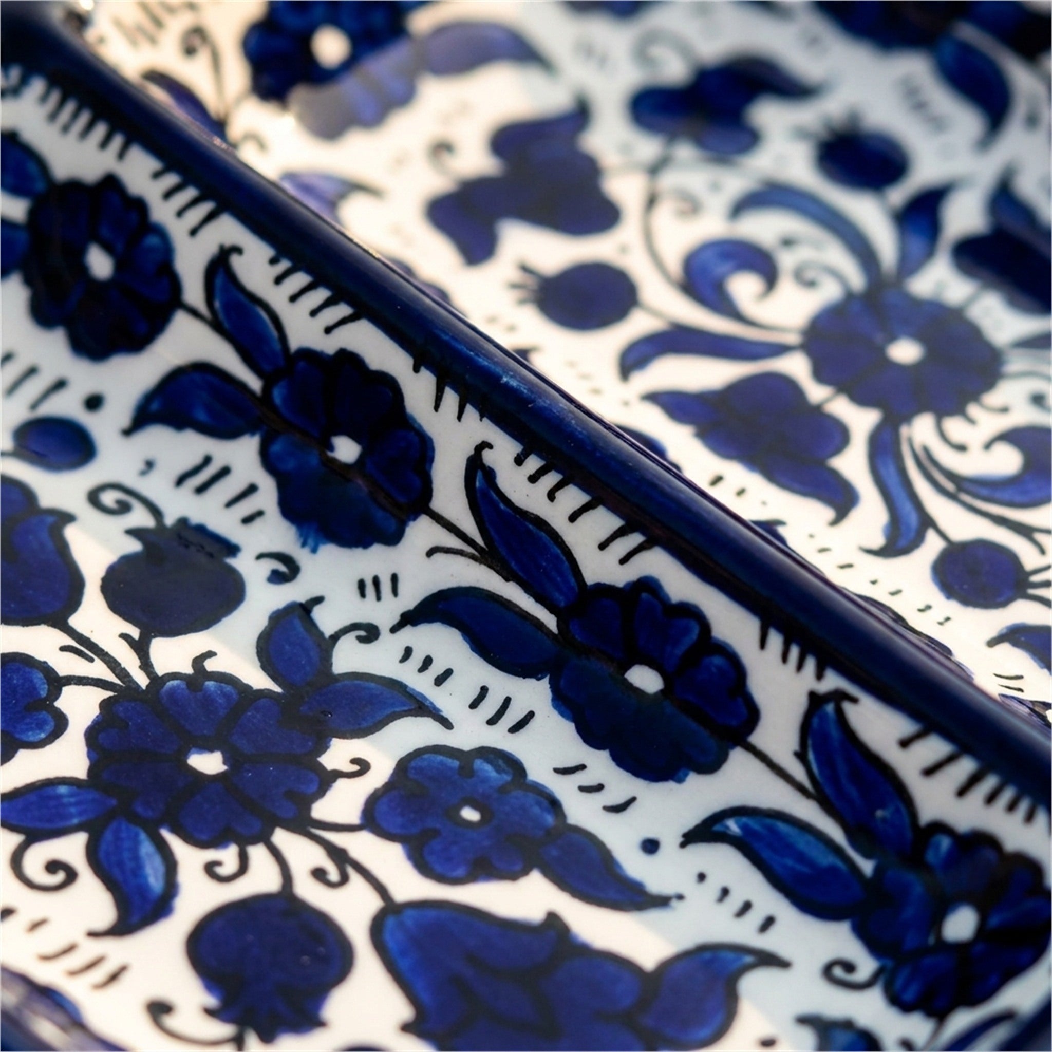 3-Section Rectangular Serving Tray 9.84 Inch in Indigo, close-up of the hand-painted detail