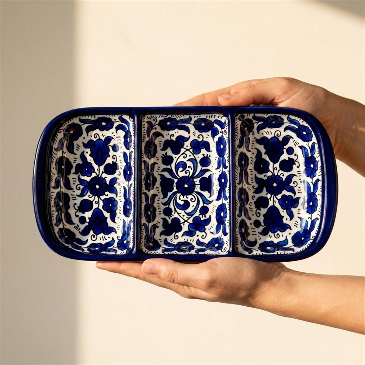 3-Section Rectangular Serving Tray 9.84 Inch in Indigo, held in hands to show scale