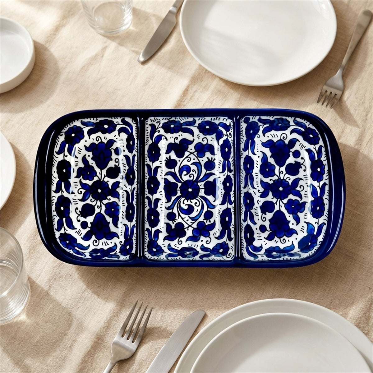 3-Section Rectangular Serving Tray 9.84 Inch in Indigo, styled on a set table