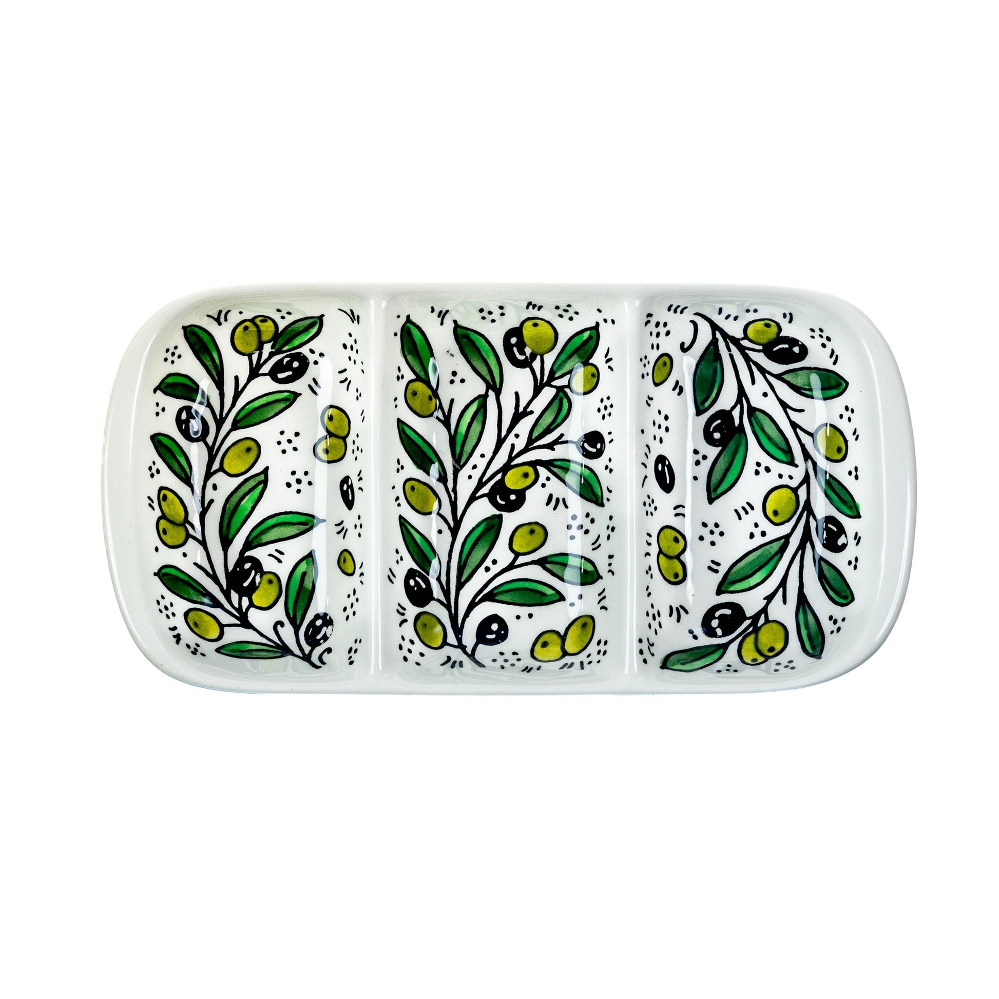 3-Section Rectangular Serving Tray 9.84 Inch in Olive Green, seen from above