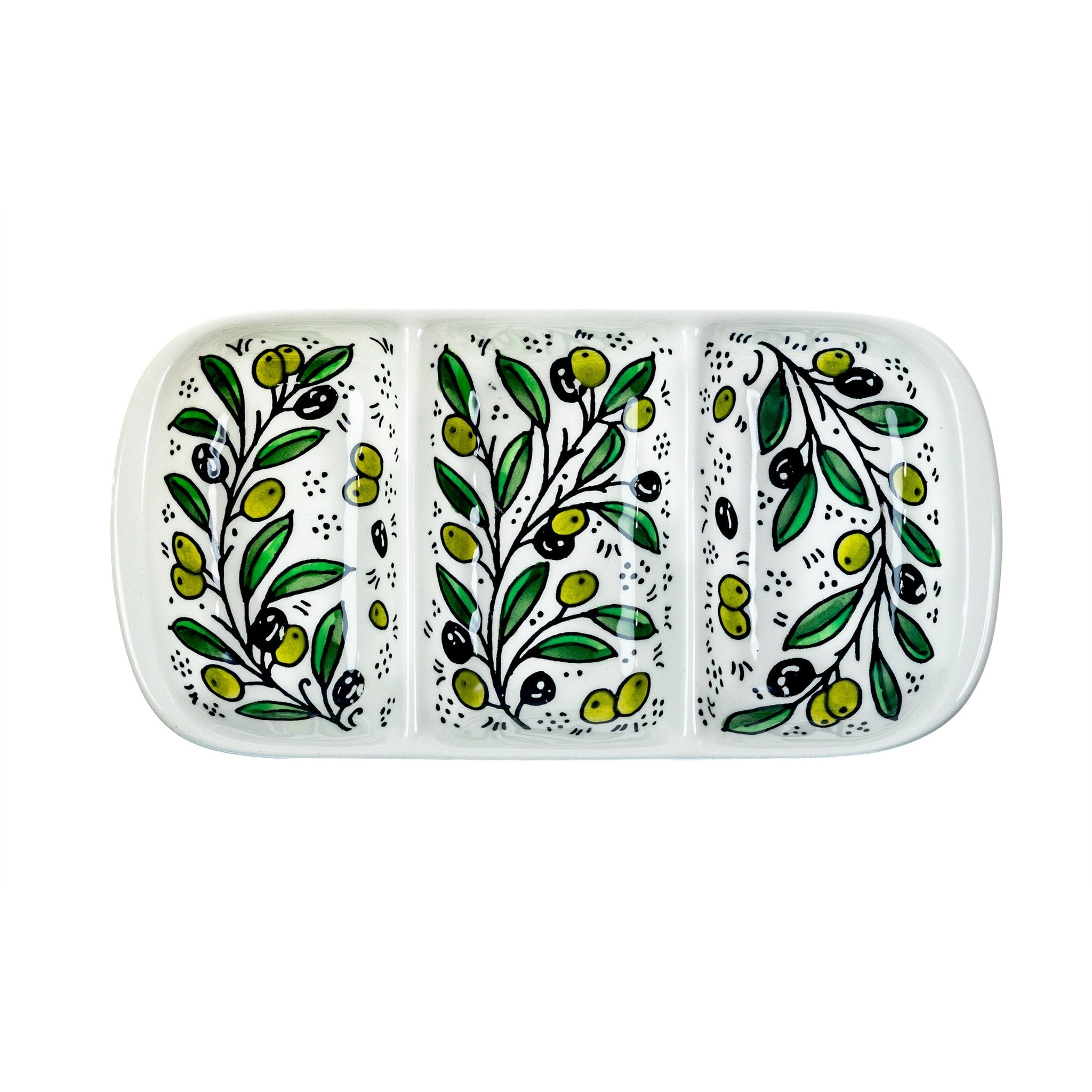 3-Section Rectangular Serving Tray 9.84 Inch in Olive Green, seen from above