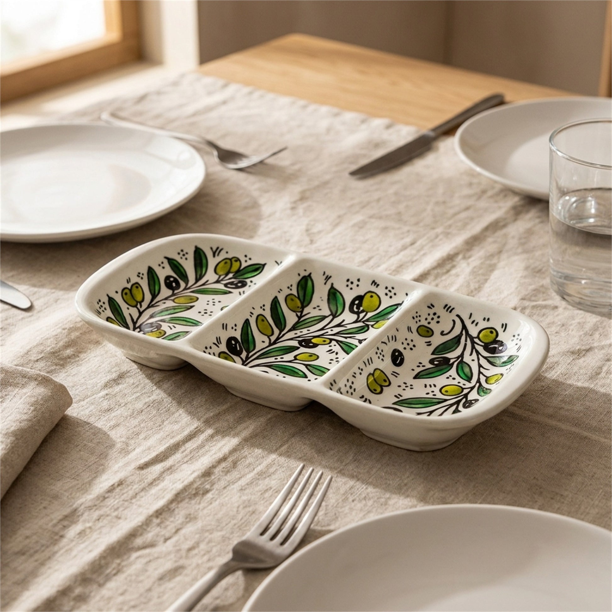 3-Section Rectangular Serving Tray 9.84 Inch in Olive Green, styled on a set table
